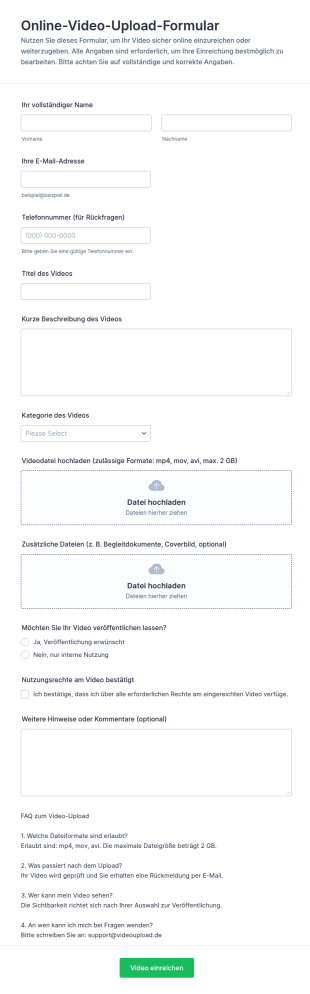 Online Video Hochladen Formular
