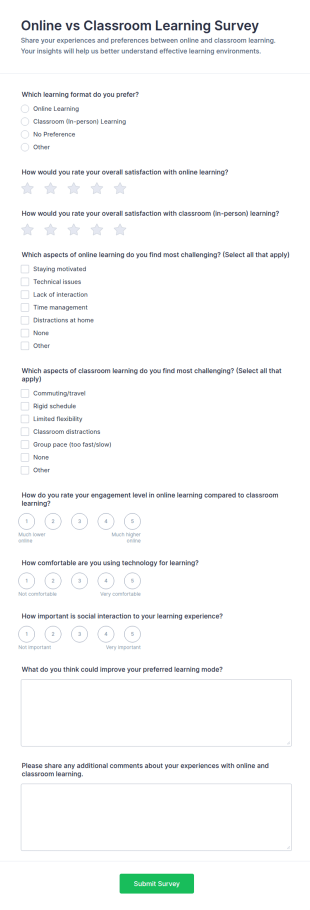 Online Vs Classroom Learning Survey Form Template