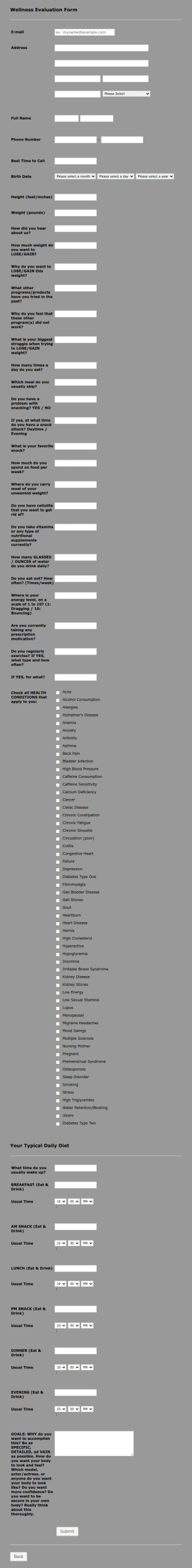 Online Wellness Evaluation Form Gym Template