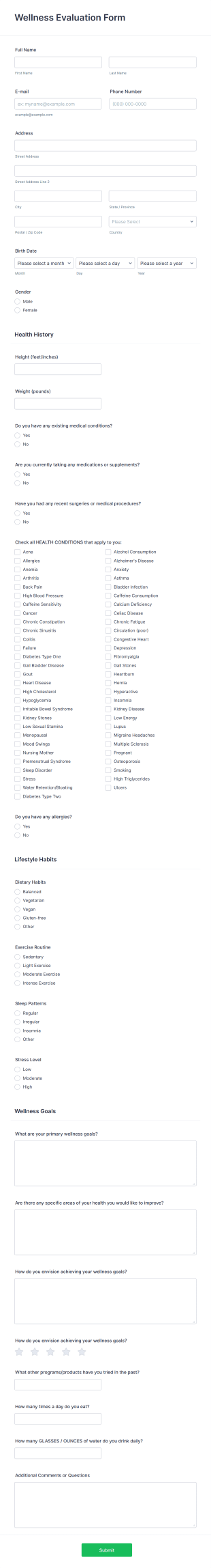 Online Wellness Evaluation Form Template