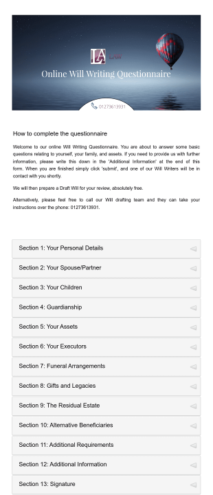 Online Will Writing Questionnaire Form Template