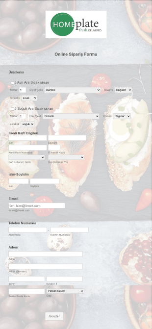 Online Yemek Sipariş Form Template