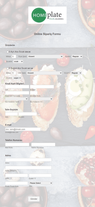 Online Yemek Sipariş Form Şablonu