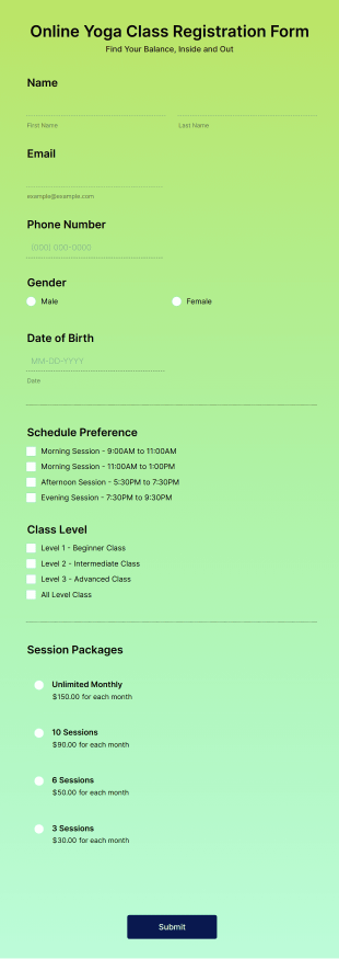 Online Yoga Class Registration Form Template