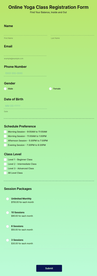 Online Yoga Class Registration Form Template