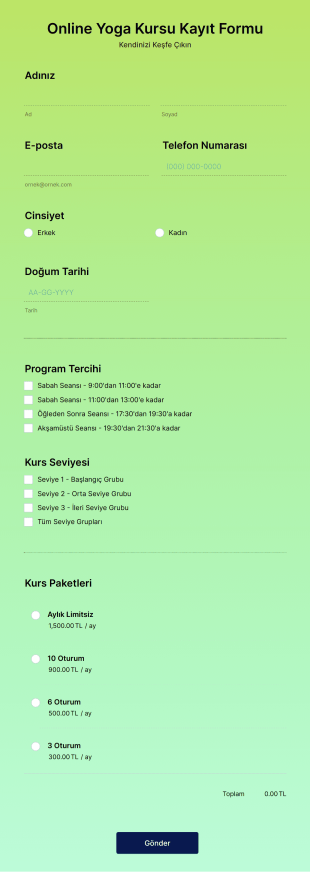 Online Yoga Kursu Kayıt Form Template