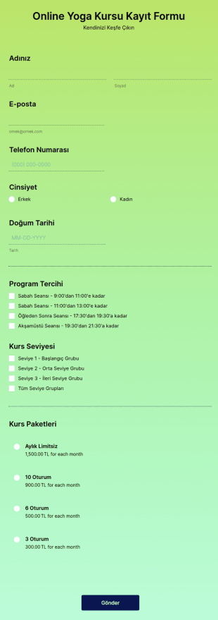 Online Yoga Kursu Kayıt Form Şablonu