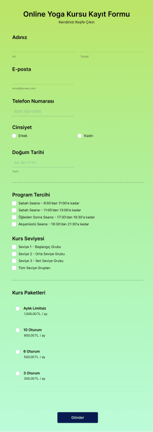 Online Yoga Kursu Kayıt Form Şablonu