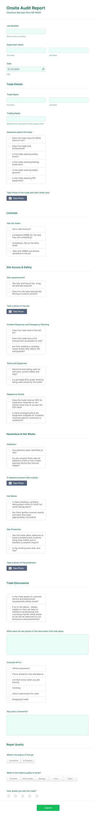 Onsite Audit Report Form Template
