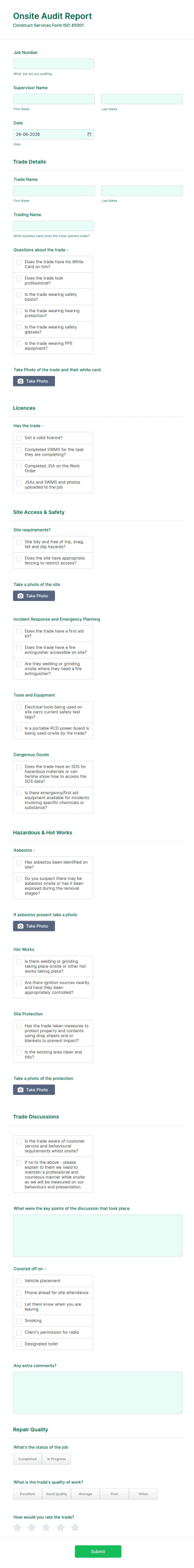 Onsite Audit Report Form Template