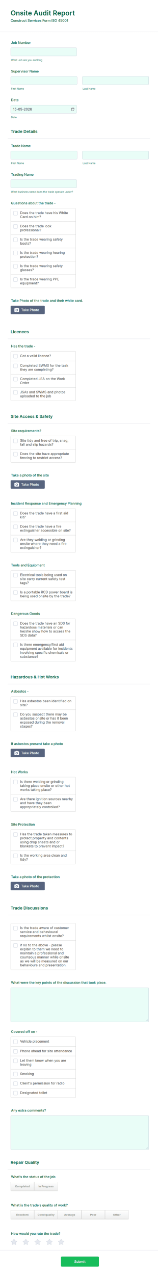 Onsite Audit Report Form Template
