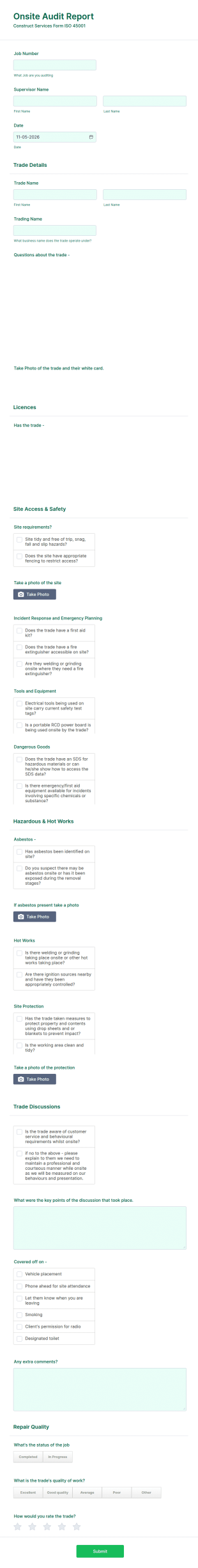 Onsite Audit Report Form Template
