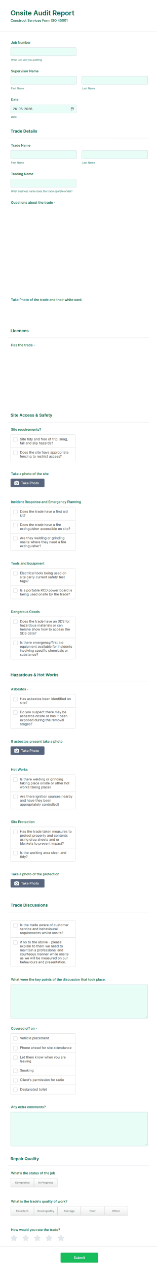 Onsite Audit Report Form Template