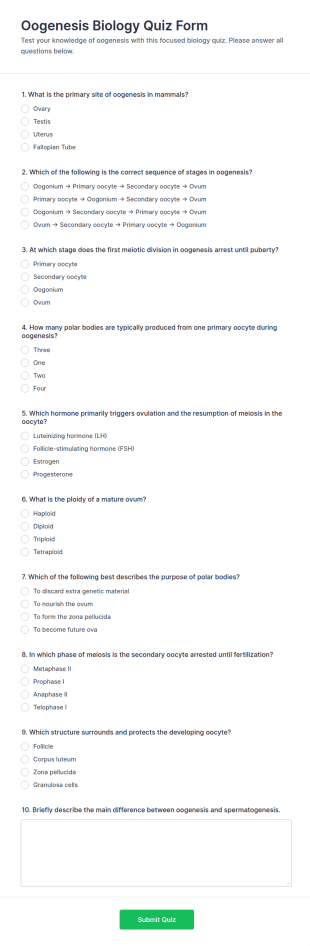 Oogenesis Biology Quiz Form Template