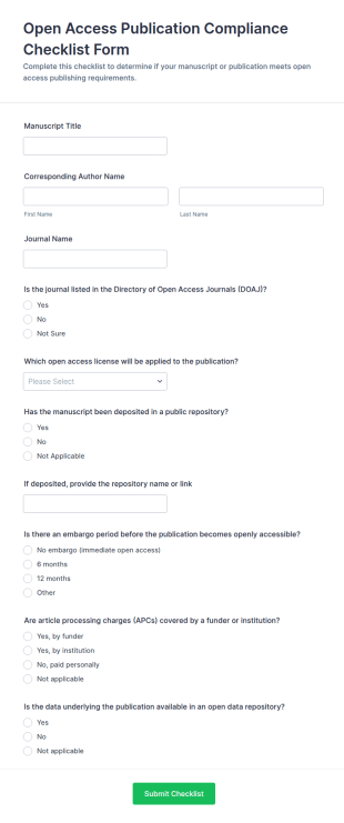 Open Access Publication Compliance Checklist Form Template