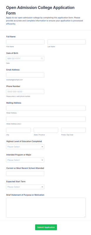 Open Admission College Application Form Template