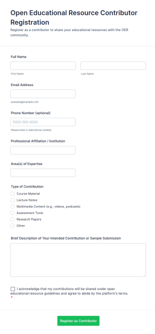 Open Educational Resource Contributor Registration Form Template