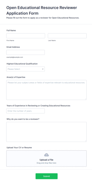 Open Educational Resource Reviewer Application Form Form Template