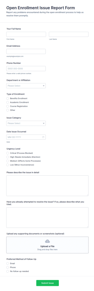 Open Enrollment Issue Report Form Template