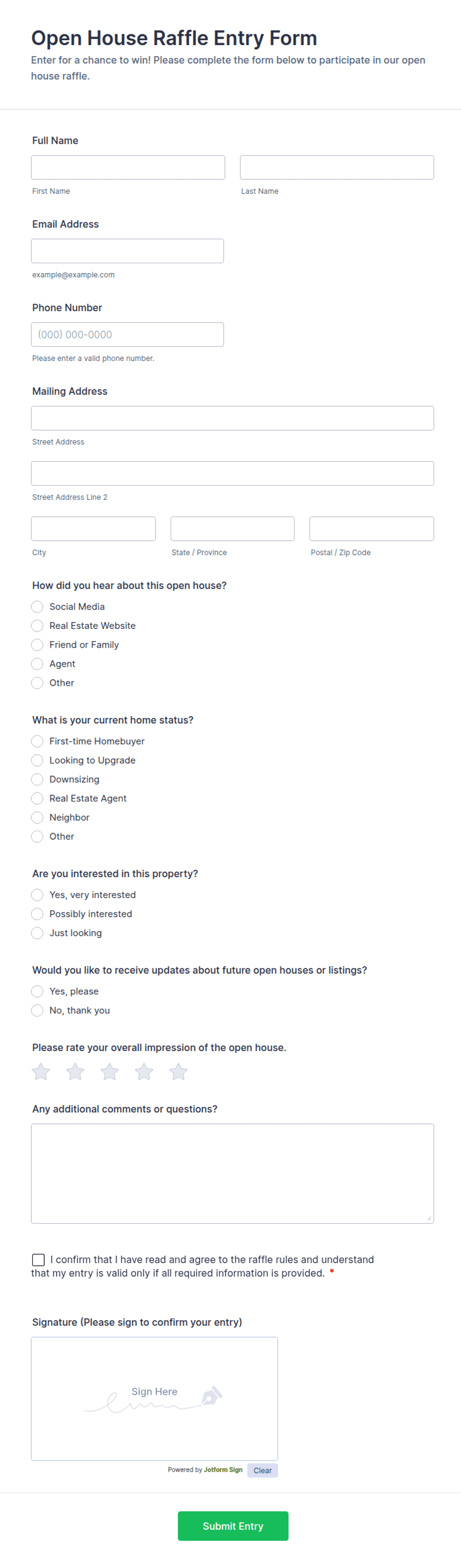Open House Raffle Entry Form Template | Jotform
