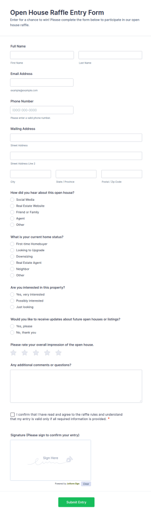Open House Raffle Entry Form Template