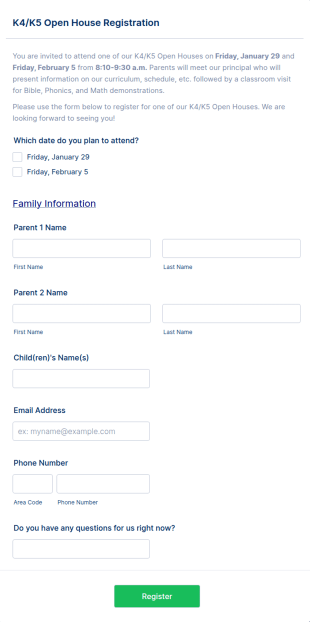 Open House Registration Form Template
