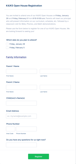 Open House Registration Form Template