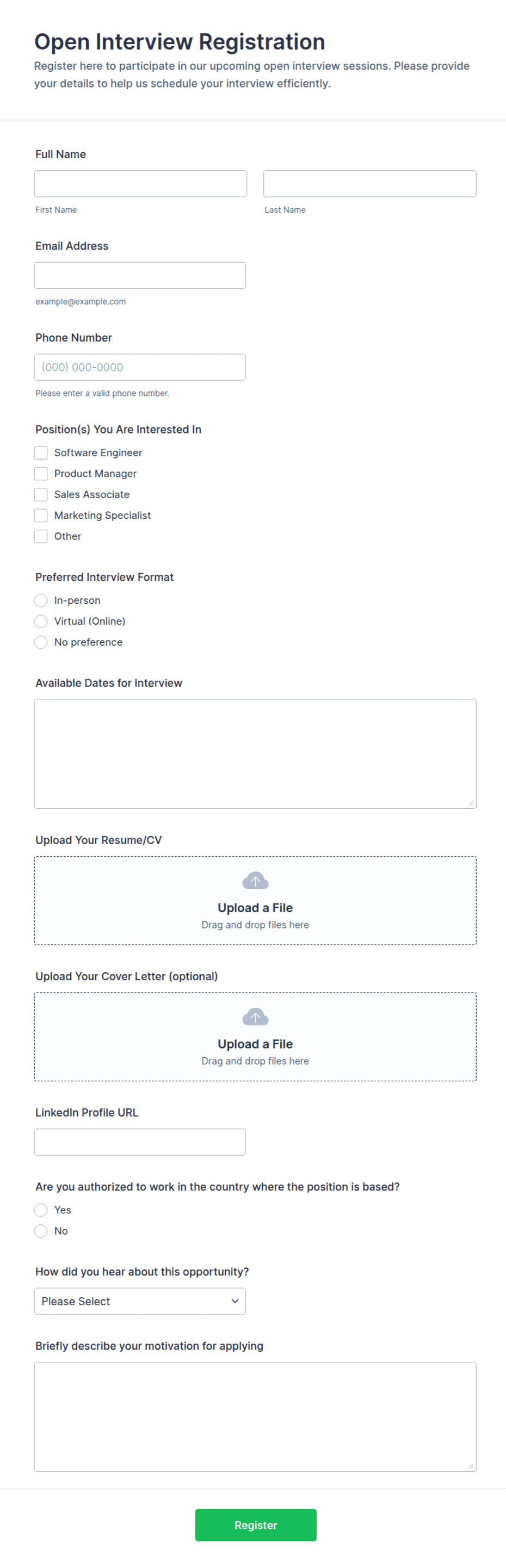 Open Interview Registration Form Template | Jotform