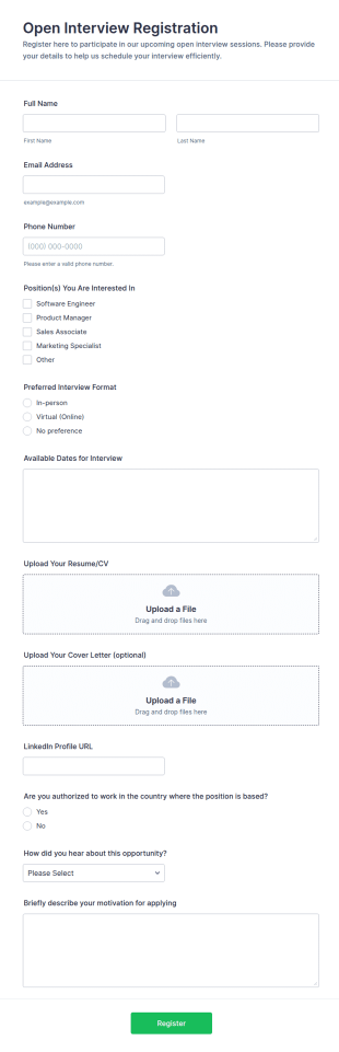 Open Interview Registration Form Template