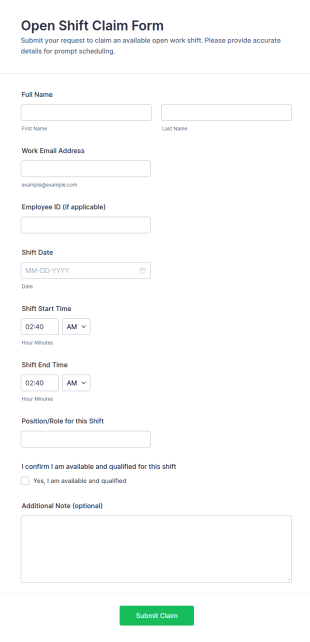 Open Shift Claim Form Template