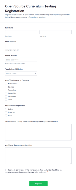 Open Source Curriculum Testing Registration Form Template