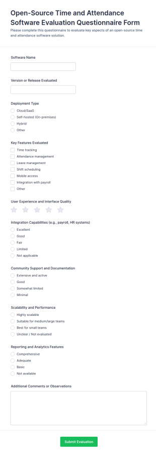 Open Source Time And Attendance Software Evaluation Questionnaire Form Template