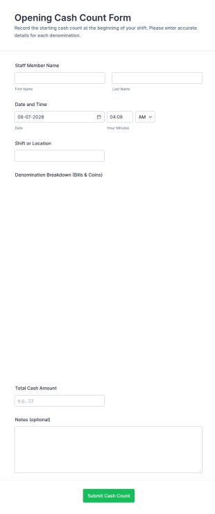 Opening Cash Count Form Template