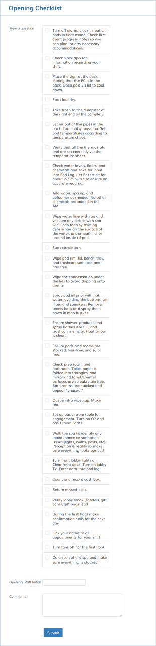 Opening Checklist Form Template