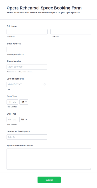 Opera Rehearsal Space Booking Form Template