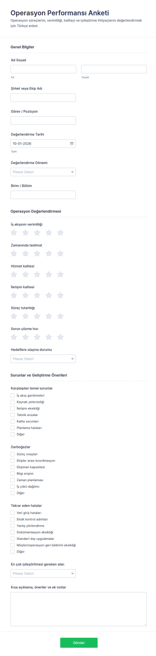 Operasyon Performans Değerlendirme Anketi Form Şablonu