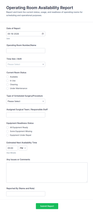 Operating Room Availability Report Form Template