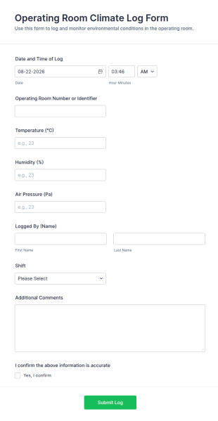Operating Room Climate Log Form Template