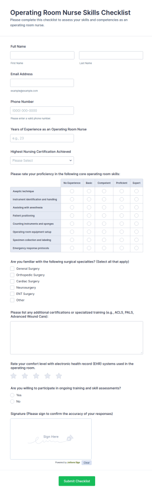 Operating Room Nurse Skills Checklist Form Template
