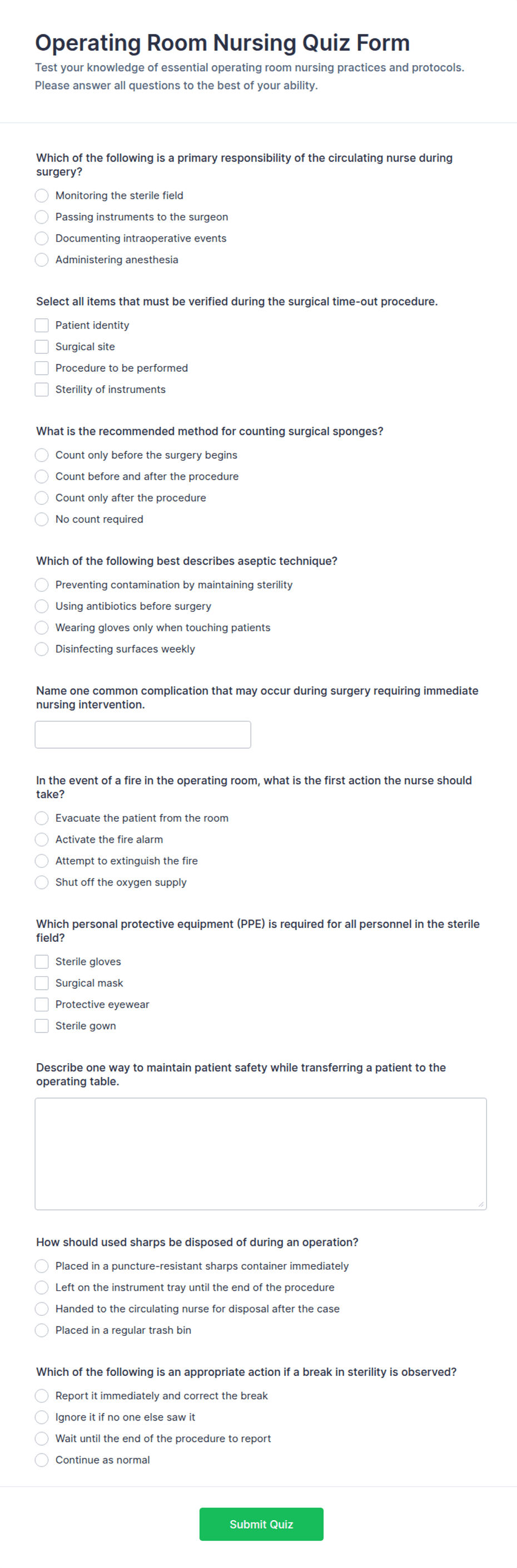 Operating Room Nursing Quiz Form Template | Jotform