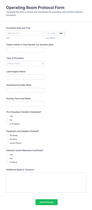 Operating Room Protocol Form Template