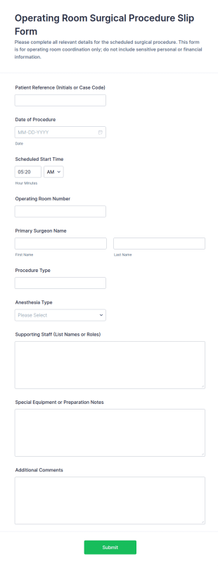 Operating Room Surgical Procedure Slip Form Template