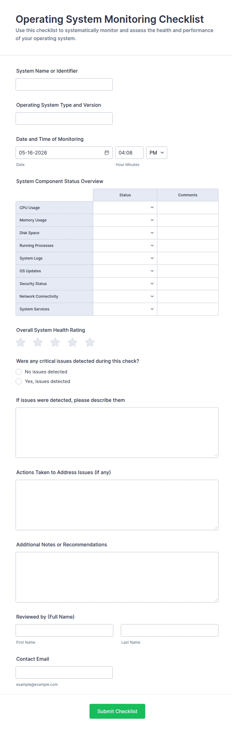 Operating System Monitoring Checklist Form Template | Jotform