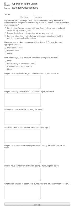 Operation Night Vision Nutrition Questionnaire Form Template