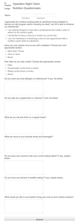 Operation Night Vision Nutrition Questionnaire Form Template