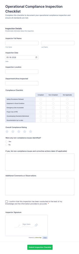 Operational Compliance Inspection Checklist Form Template