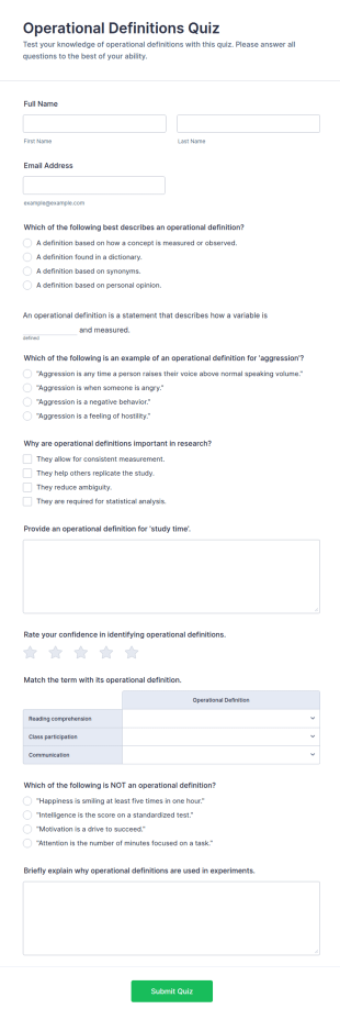 Operational Definitions Quiz Form Template