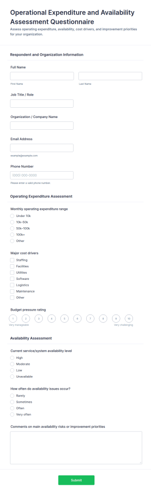 Operational Expenditure And Availability Assessment Questionnaire Form Template
