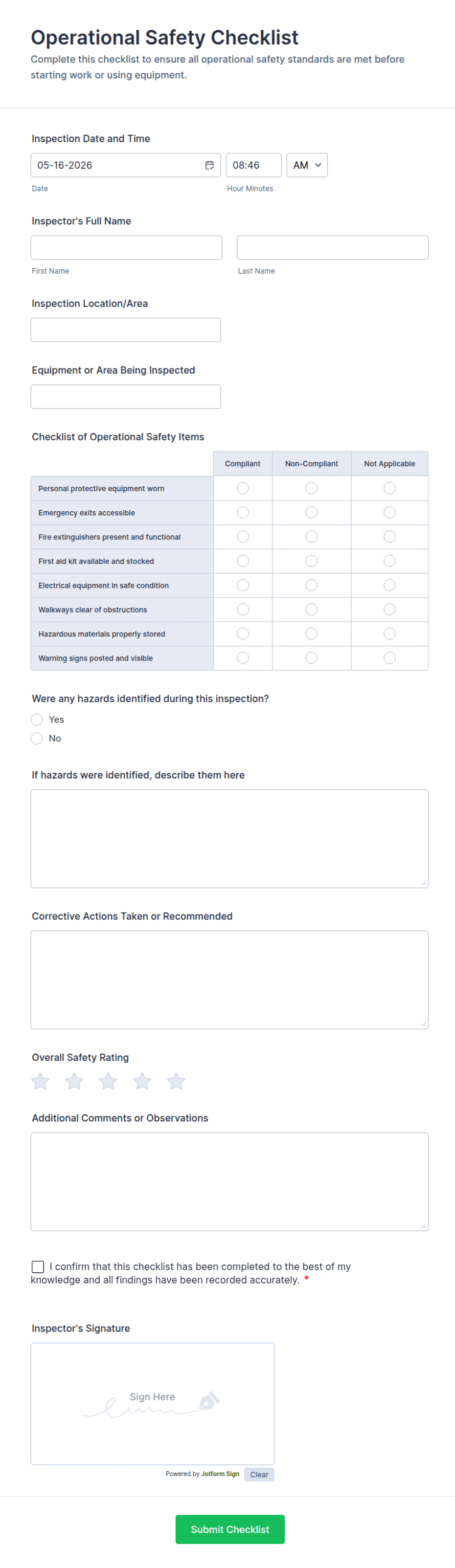 Operational Control Form Operational Safety Checklist Form Template | Jotform