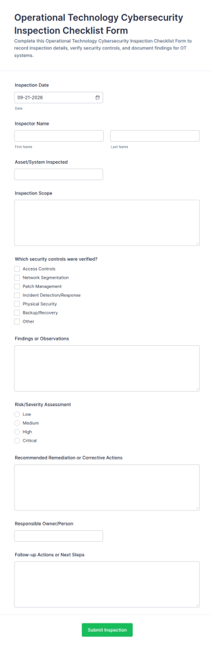Operational Technology Cybersecurity Inspection Checklist Form Template